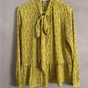 LOFT Yellow Floral Blouse with Tie Neck